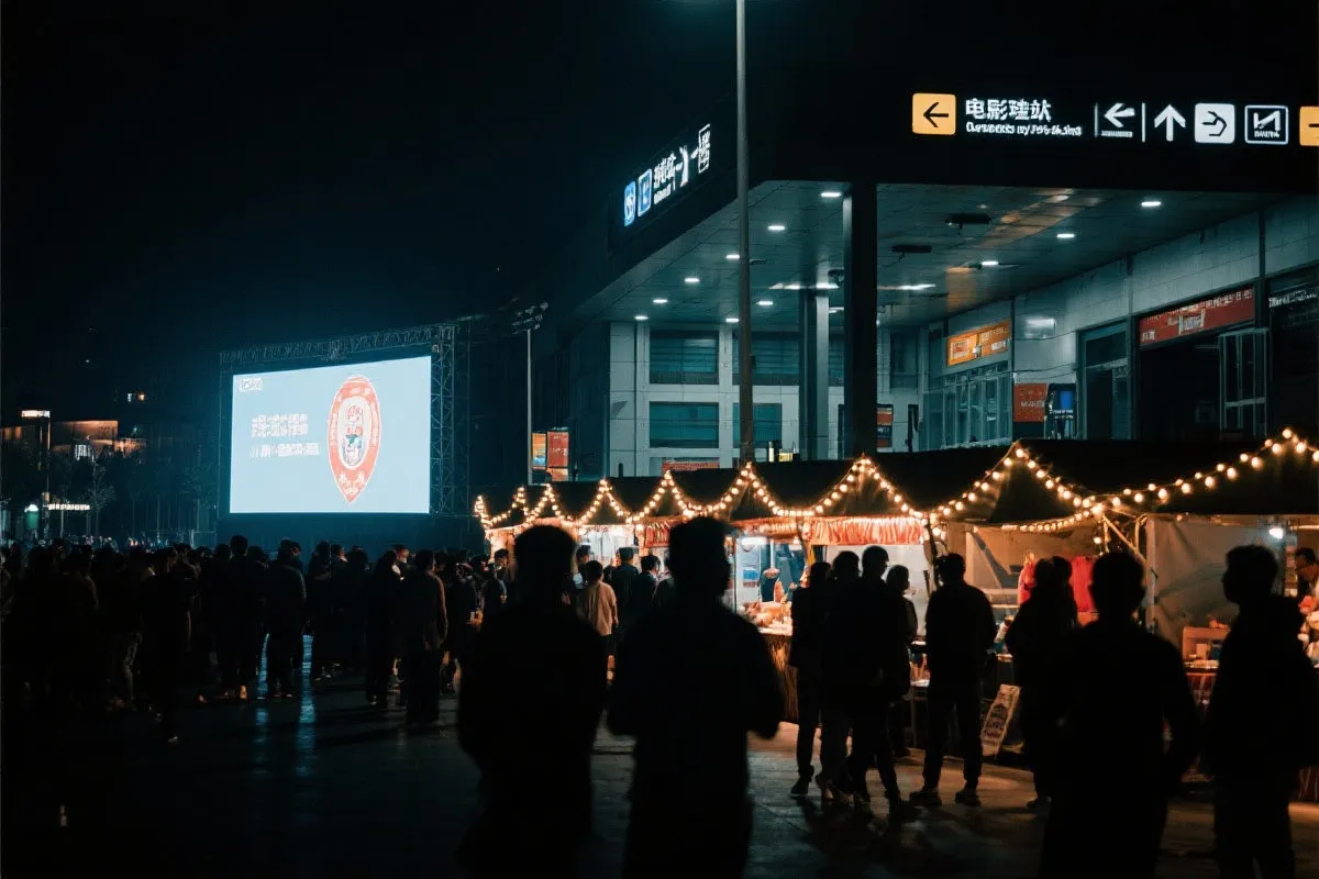 费城球迷广场夜景：大屏观赛人群、步行指示牌与公共交通入口